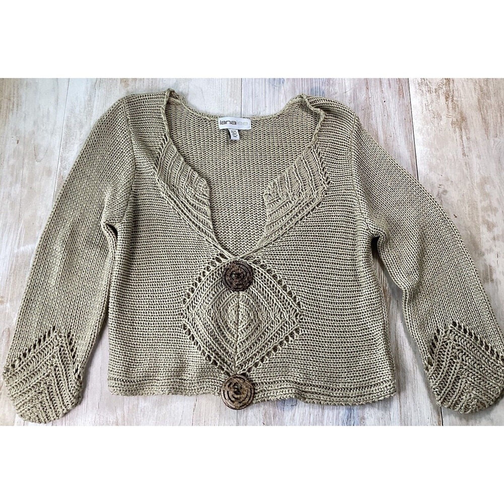 Vintage Lana Lee Beige‎ Knit Crop Sweater With Medallion Detail Women's Medium